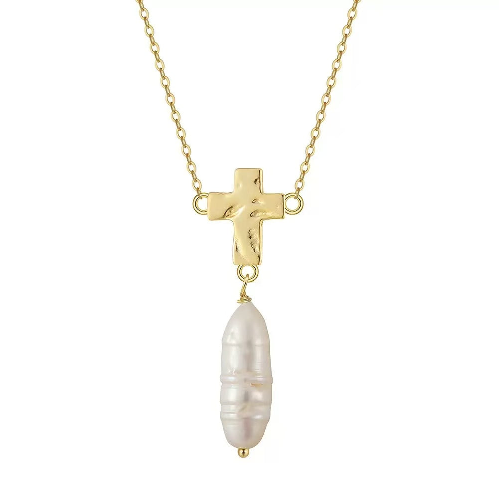 Cross Pearl Pendant Necklace – Sterling Silver or Gold Plated