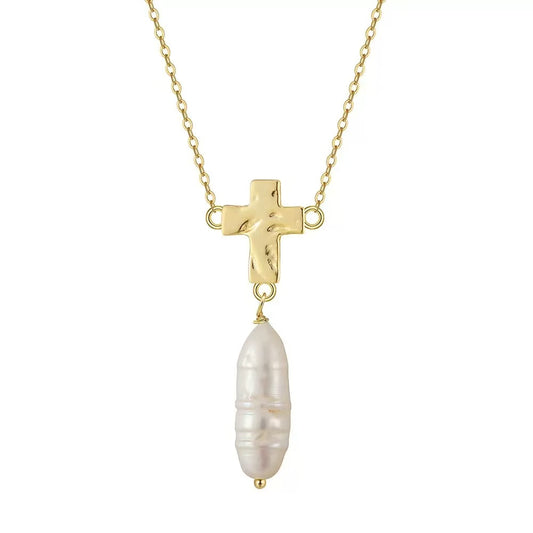 Cross Pearl Pendant Necklace – Sterling Silver or Gold Plated