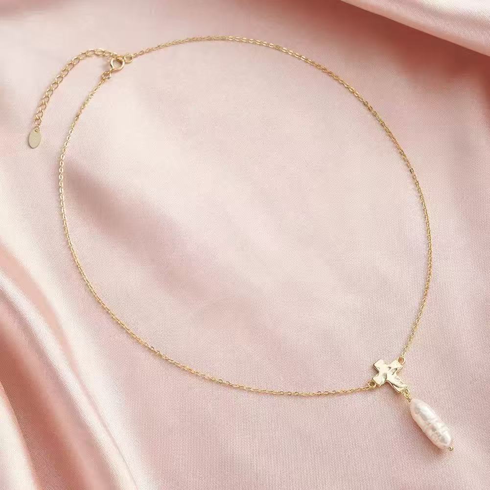 Cross Pearl Pendant Necklace – Sterling Silver or Gold Plated