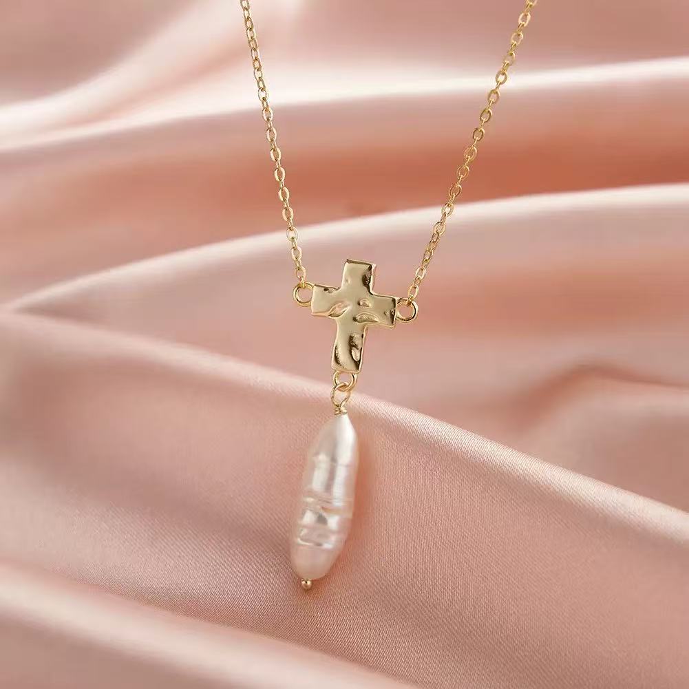 Cross Pearl Pendant Necklace – Sterling Silver or Gold Plated