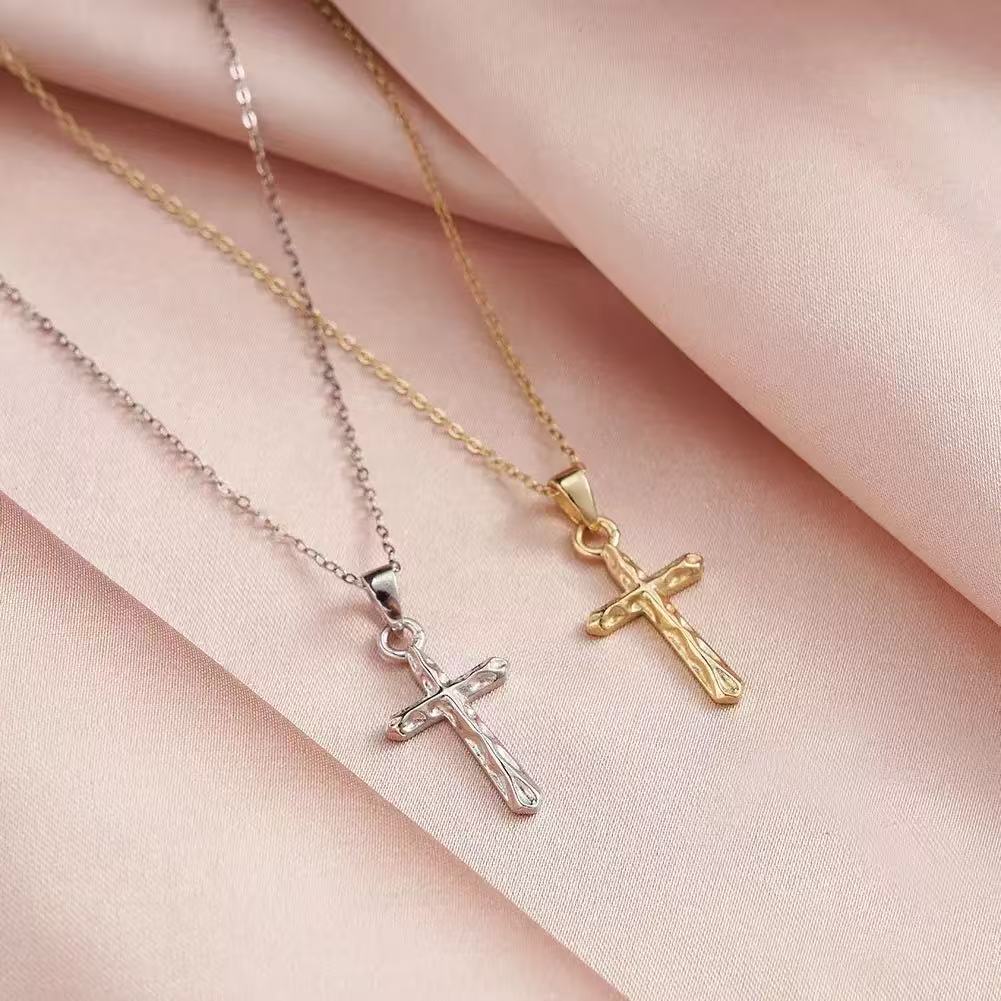 Hammered Cross Pendant Necklace – Sterling Silver or Gold Plated