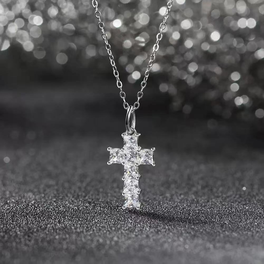 Princess Cut Cross Pendant Necklace – Sterling Silver