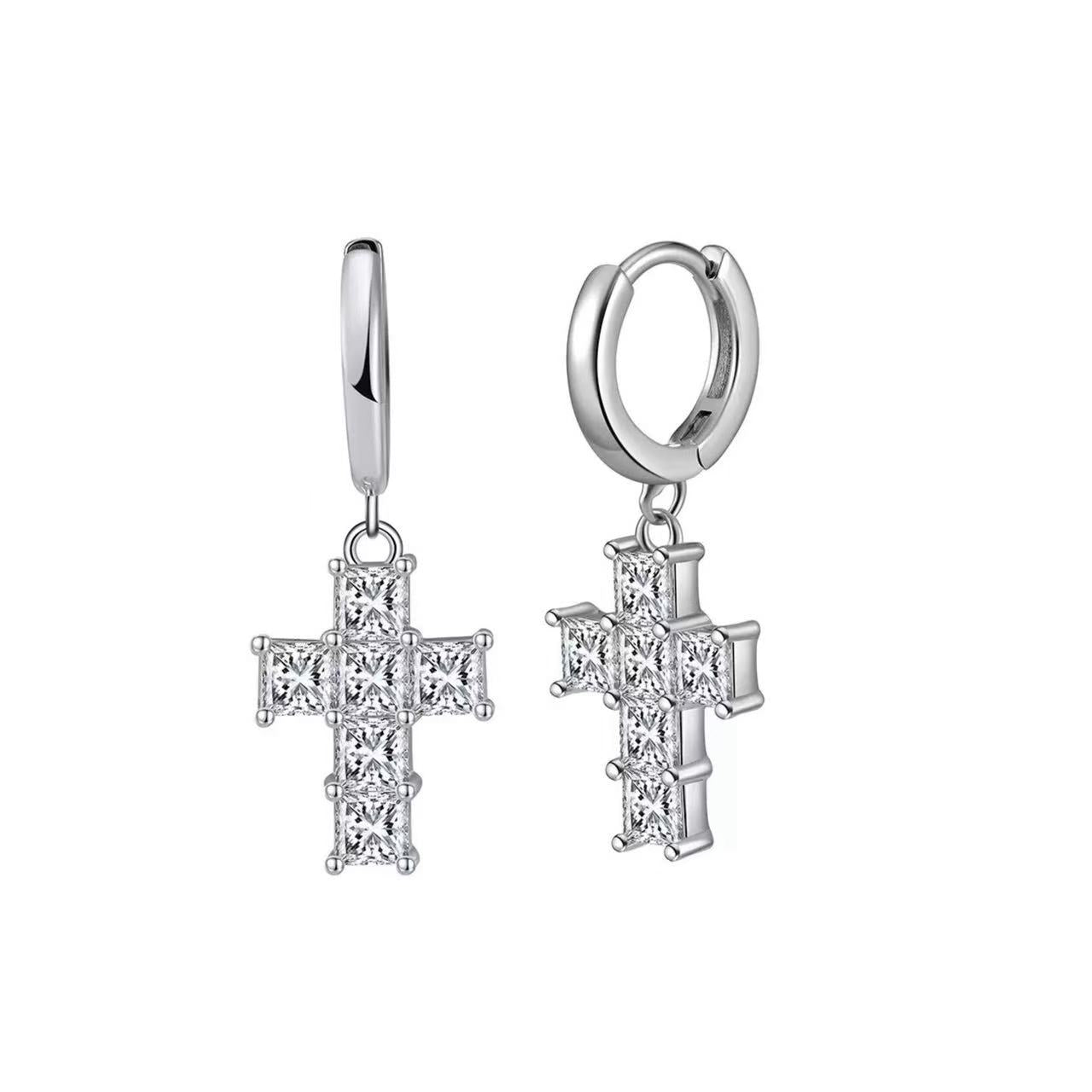 Princess Cut Cross Drop Earrings – Sterling Silver
