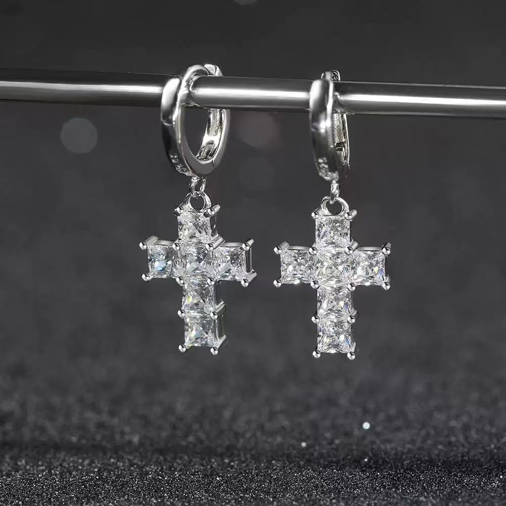 Princess Cut Cross Drop Earrings – Sterling Silver