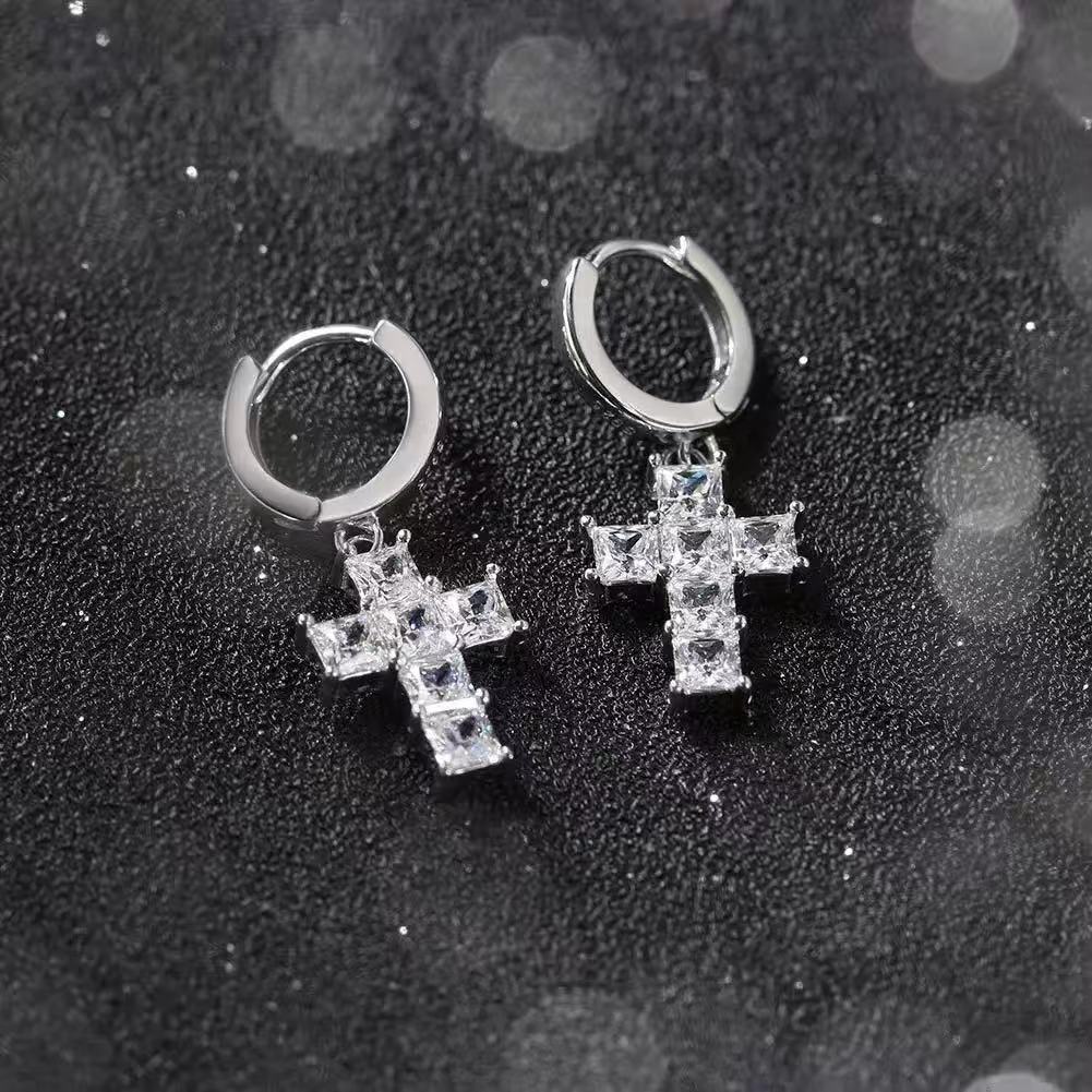 Princess Cut Cross Drop Earrings – Sterling Silver