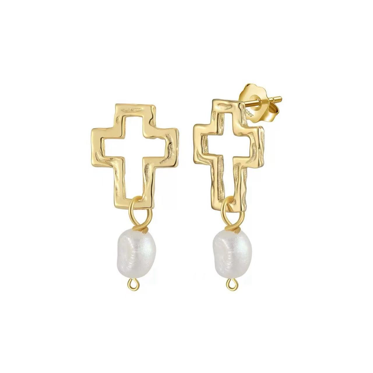 Cross Pearl Drop Earrings – Sterling Silver or Gold Plated