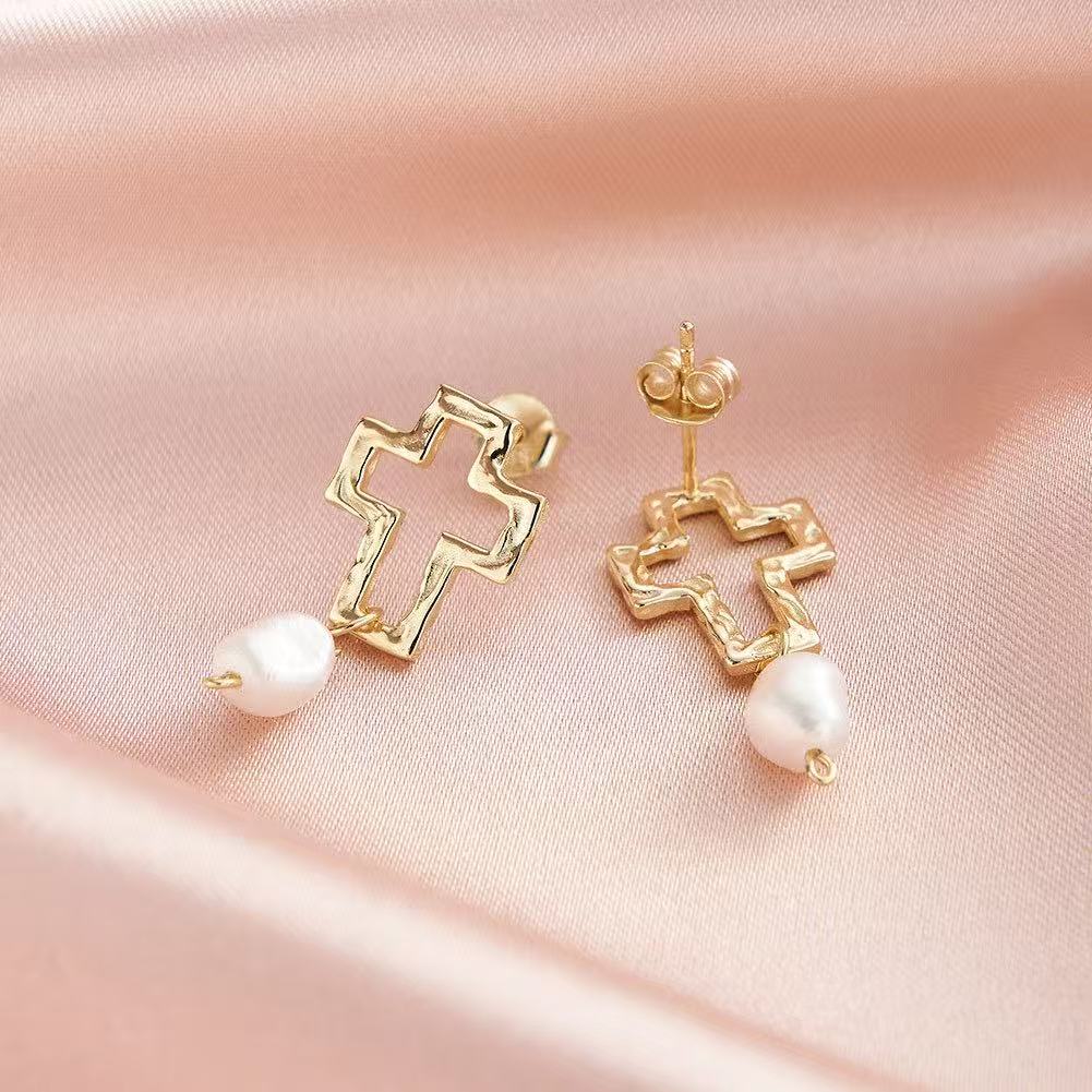 Cross Pearl Drop Earrings – Sterling Silver or Gold Plated