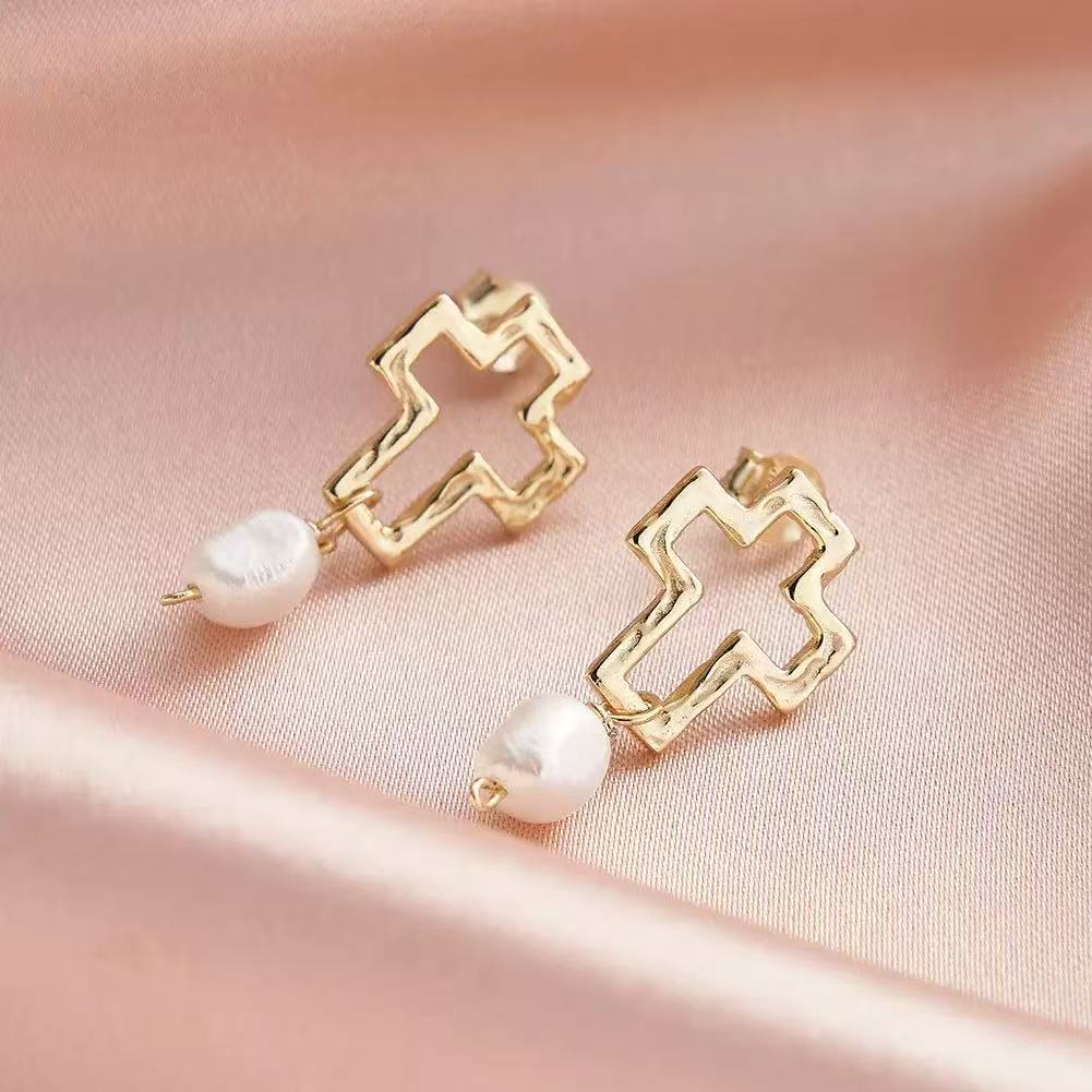 Cross Pearl Drop Earrings – Sterling Silver or Gold Plated