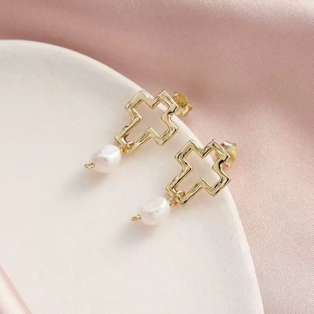 Cross Pearl Drop Earrings – Sterling Silver or Gold Plated