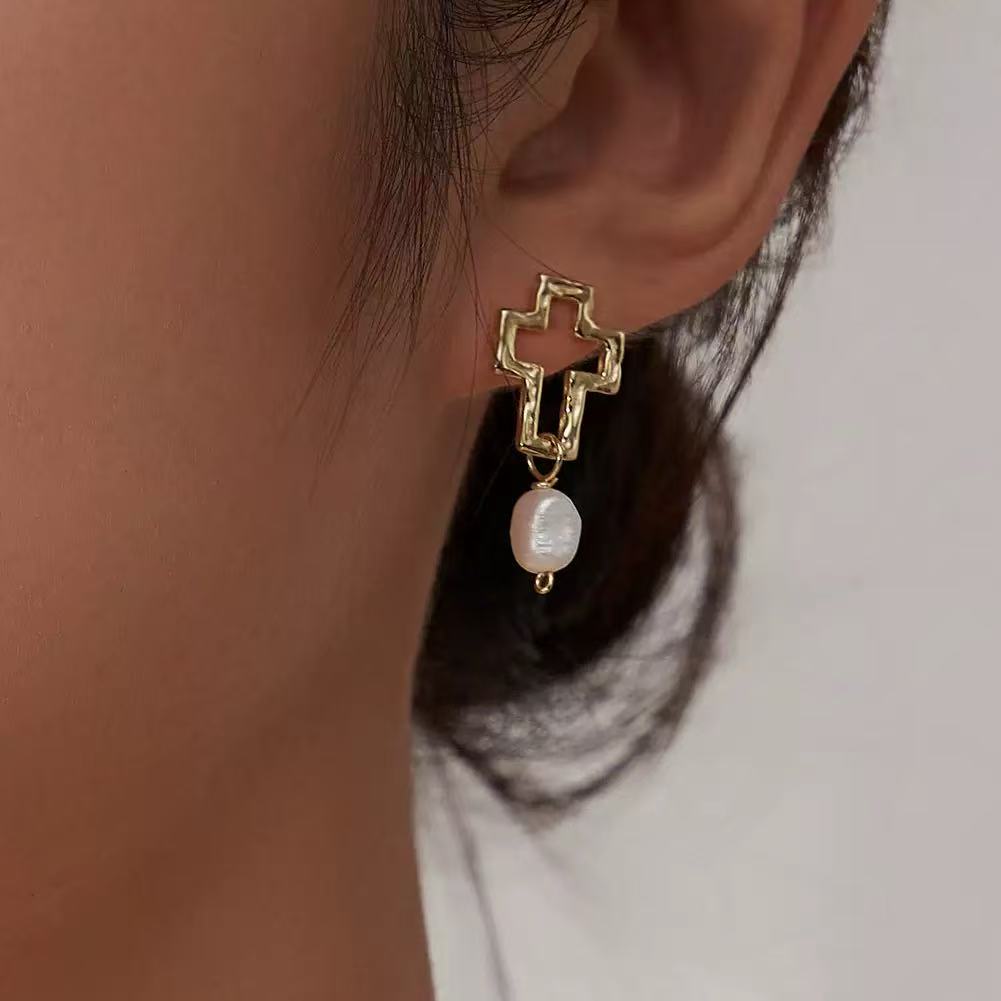 Cross Pearl Drop Earrings – Sterling Silver or Gold Plated