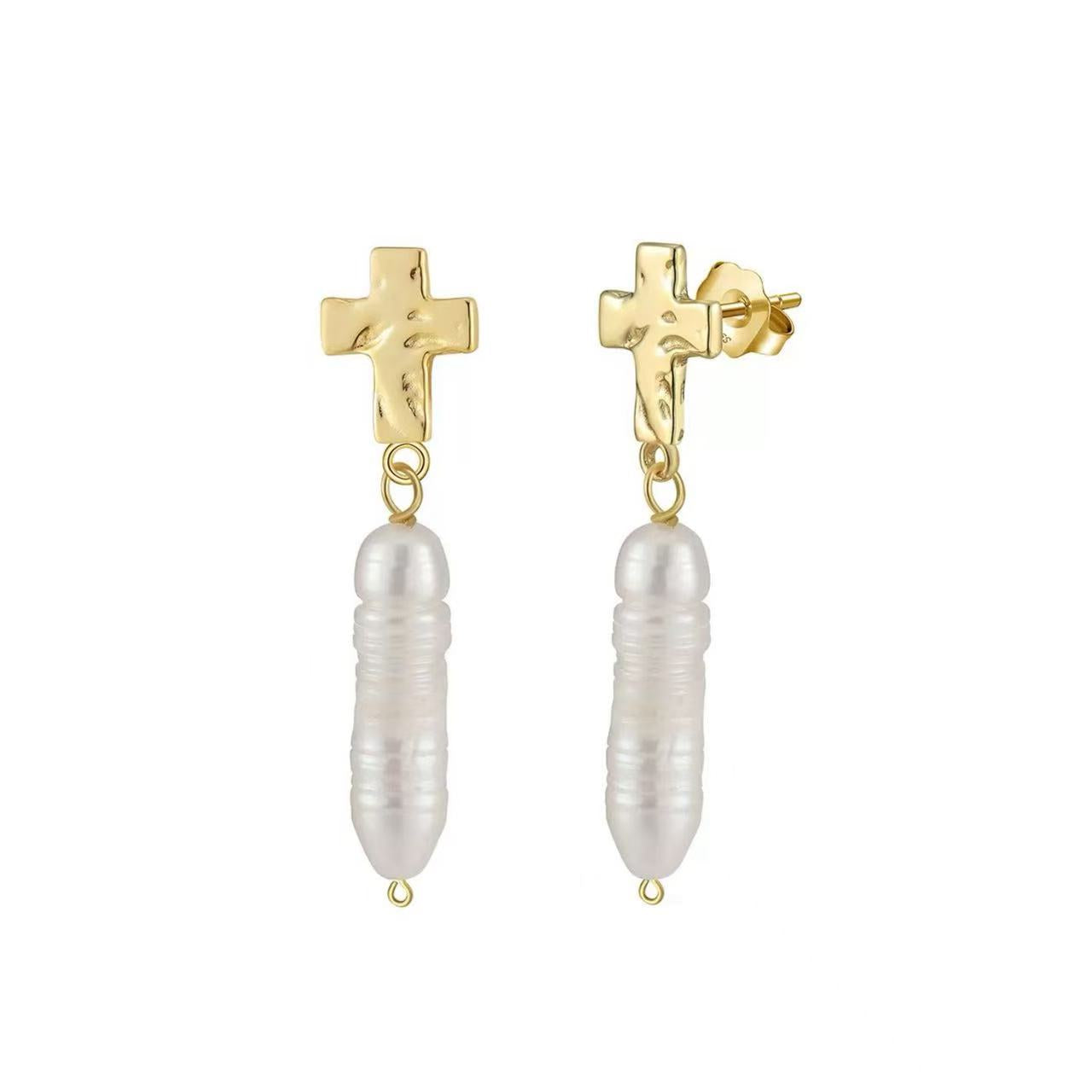 Cross Pearl Drop Earrings – Sterling Silver or Gold Plated