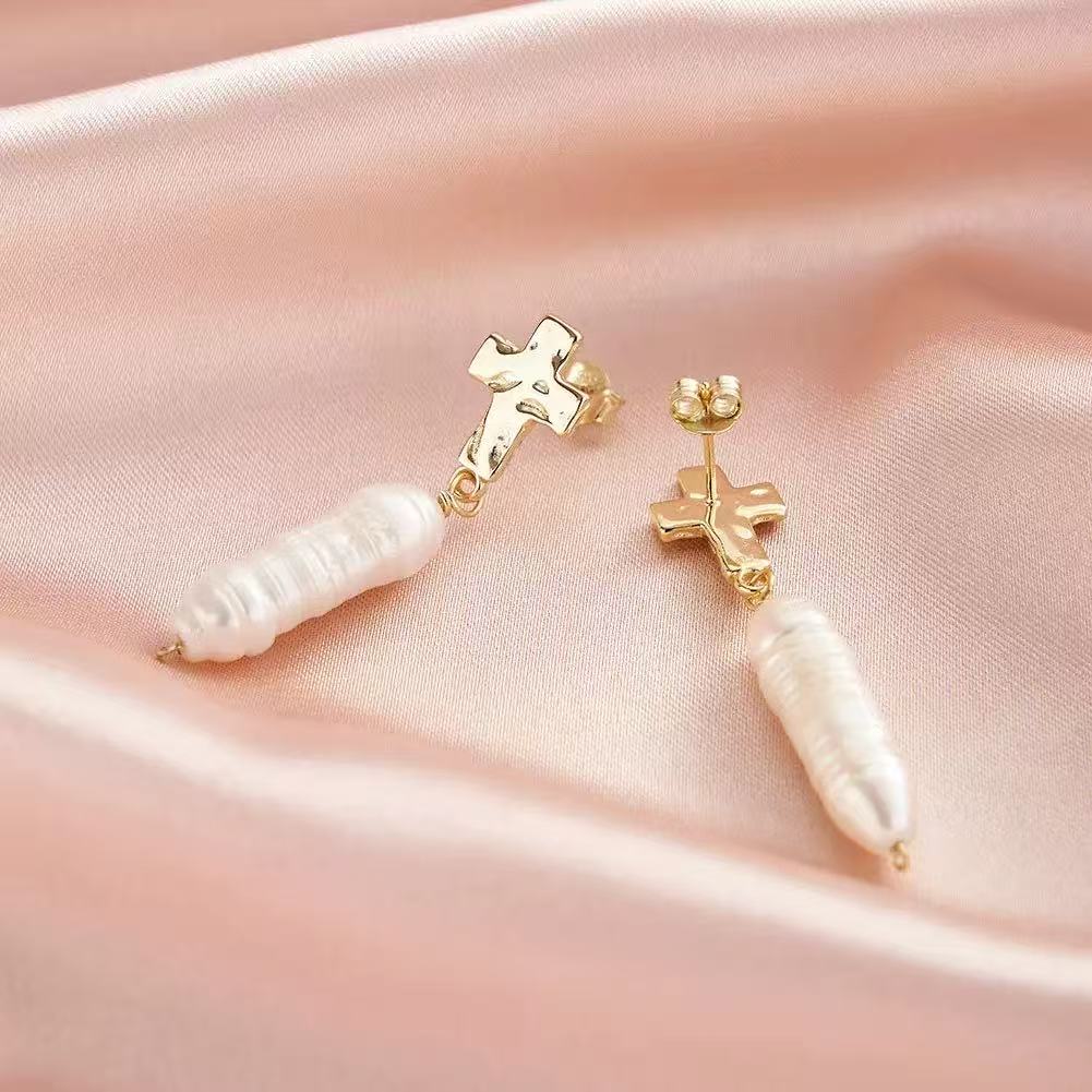 Cross Pearl Drop Earrings – Sterling Silver or Gold Plated