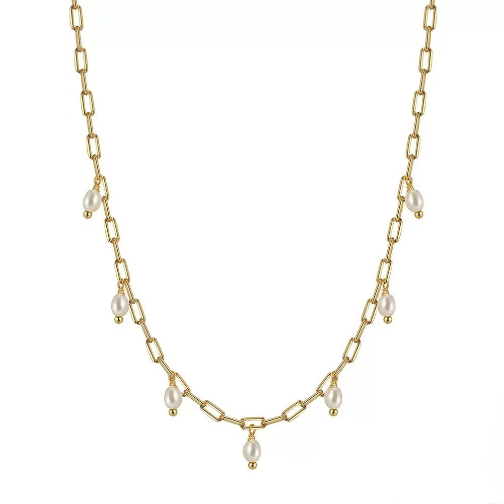Pearl Chain Link Necklace – Sterling Silver or Gold Plated
