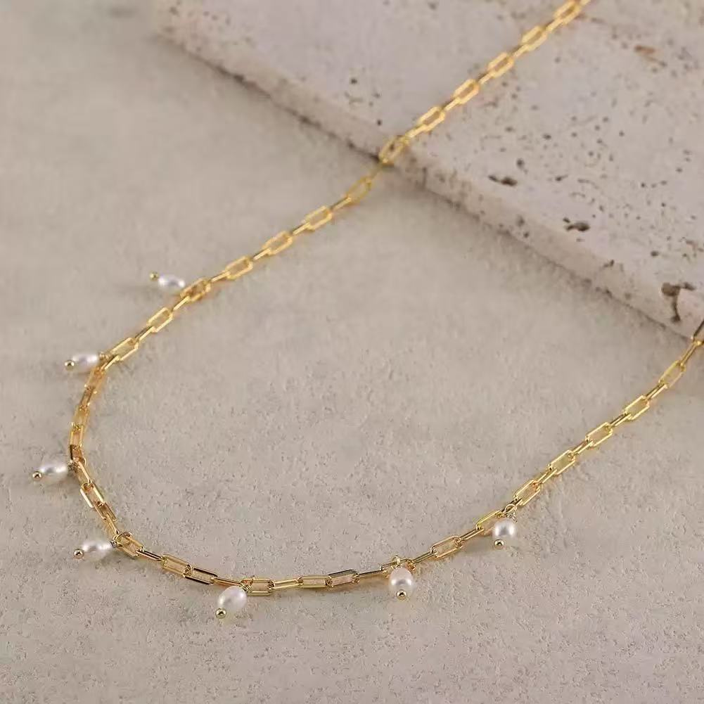 Pearl Chain Link Necklace – Sterling Silver or Gold Plated