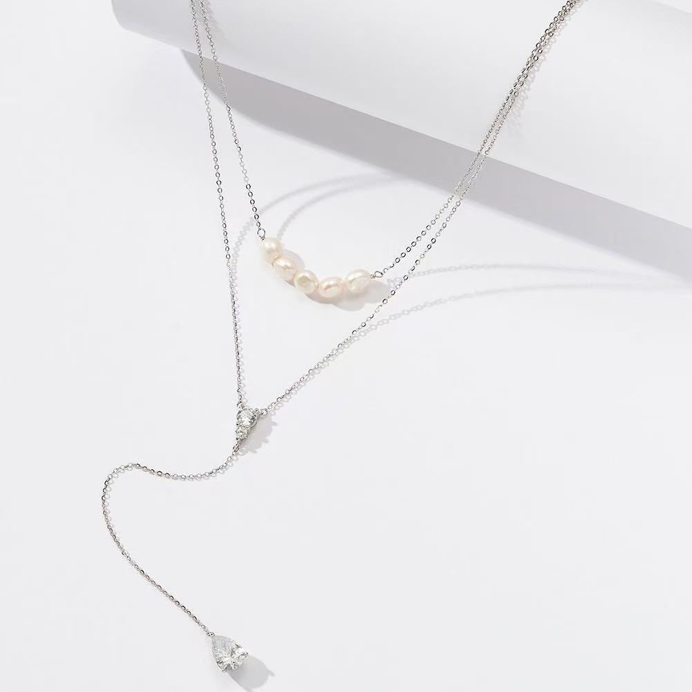 Pearl & CZ Layered Y Necklace – Sterling Silver or Gold Plated