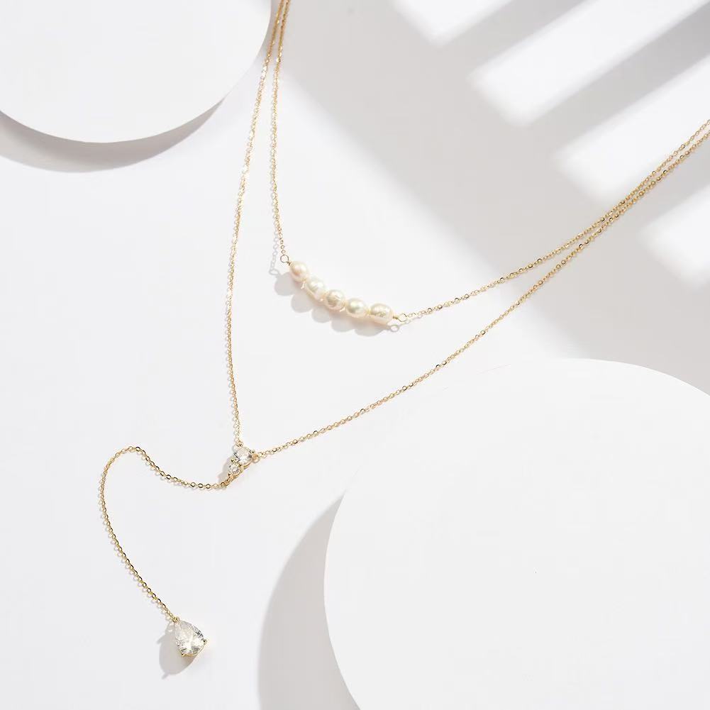 Pearl & CZ Layered Y Necklace – Sterling Silver or Gold Plated