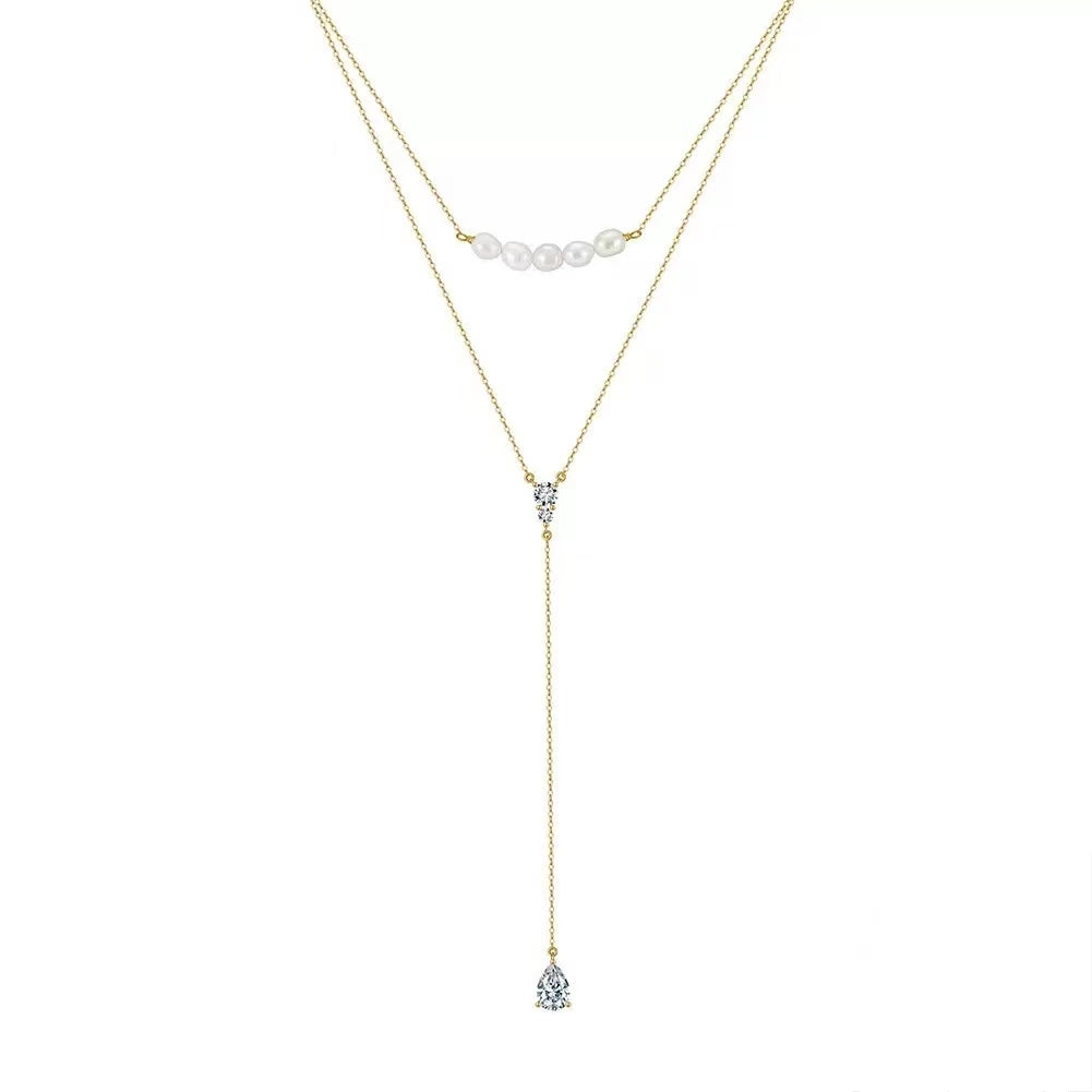 Pearl & CZ Layered Y Necklace – Sterling Silver or Gold Plated
