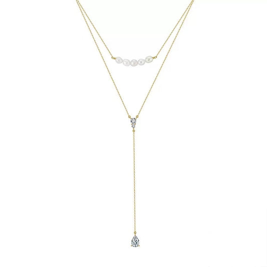 Pearl & CZ Layered Y Necklace – Sterling Silver or Gold Plated