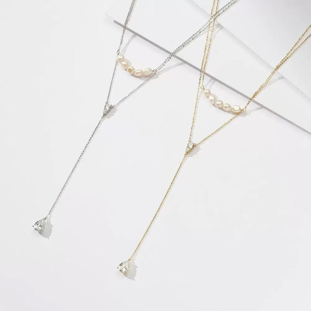 Pearl & CZ Layered Y Necklace – Sterling Silver or Gold Plated