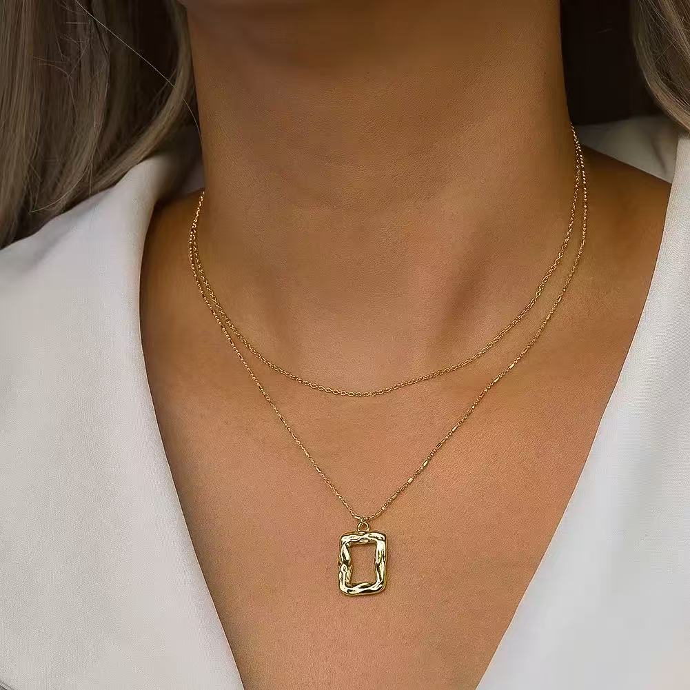 Layered Rectangle Pendant Necklace – Sterling Silver or Gold Plated