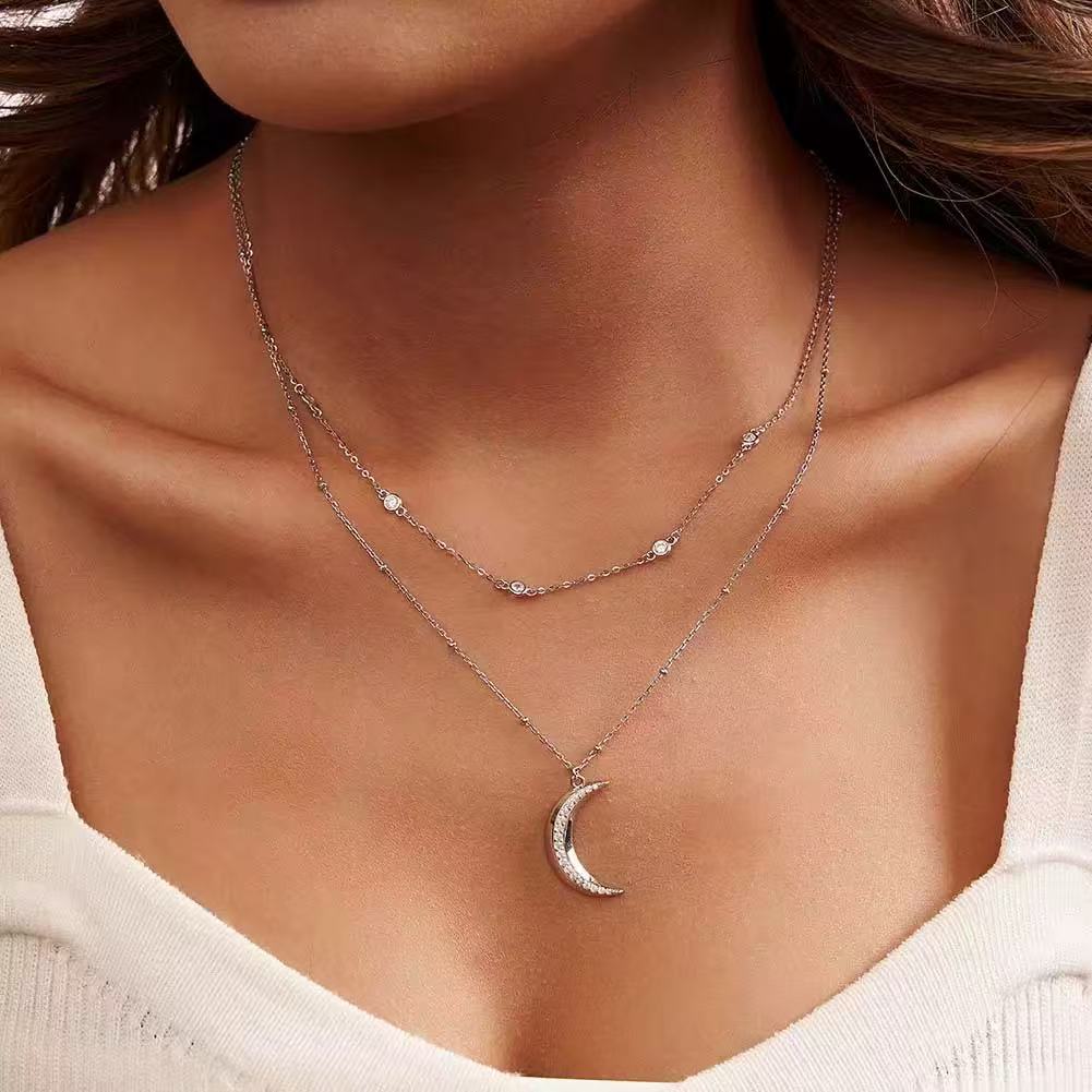 Layered Crescent Moon Necklace – Sterling Silver or Gold Plated
