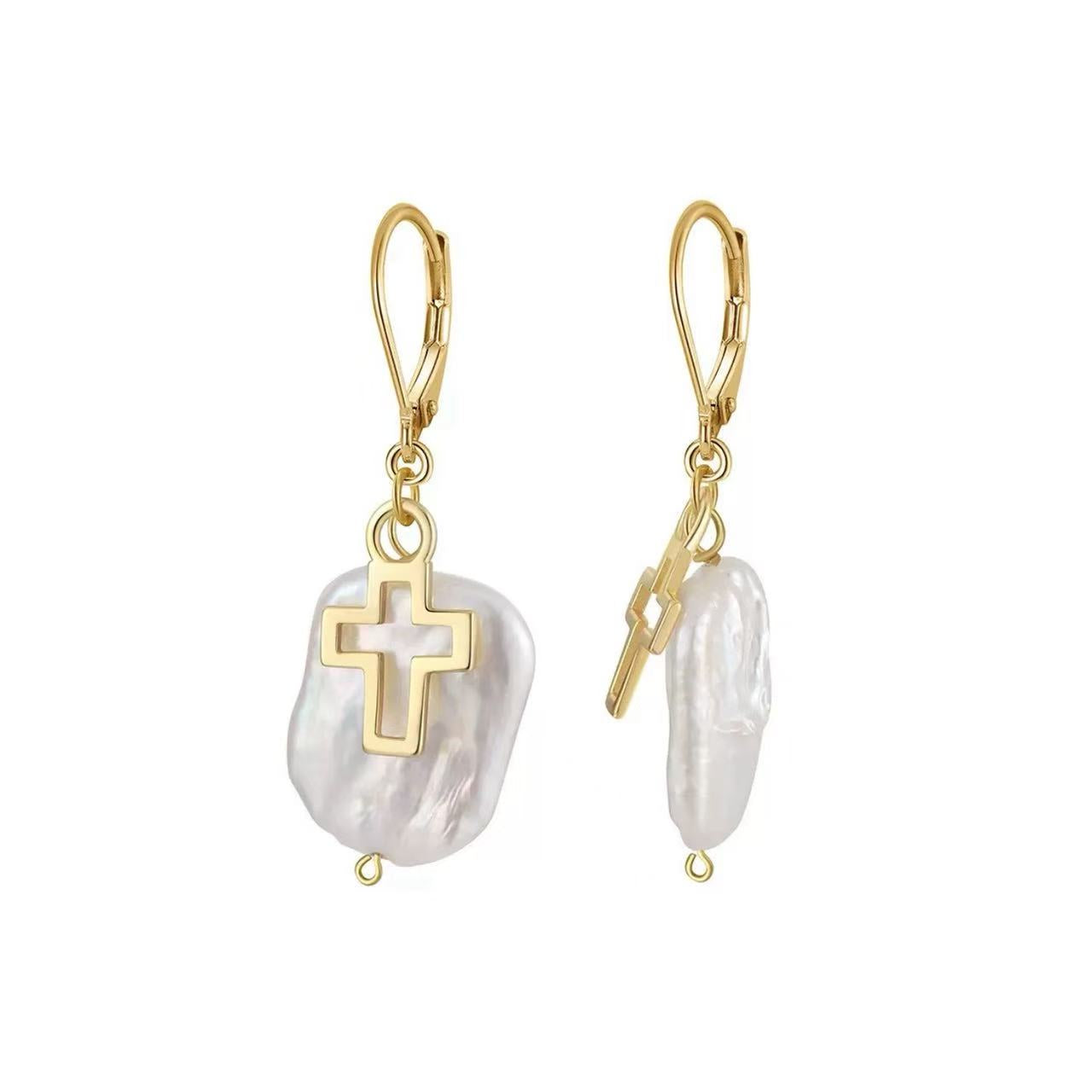 Baroque Pearl Cross Drop Earrings – Sterling Silver or Gold Plated