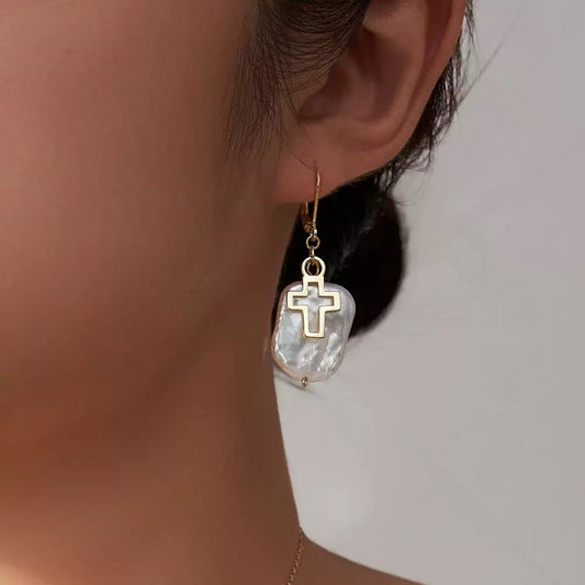 Baroque Pearl Cross Drop Earrings – Sterling Silver or Gold Plated