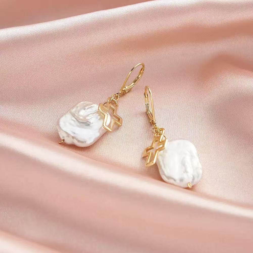 Baroque Pearl Cross Drop Earrings – Sterling Silver or Gold Plated