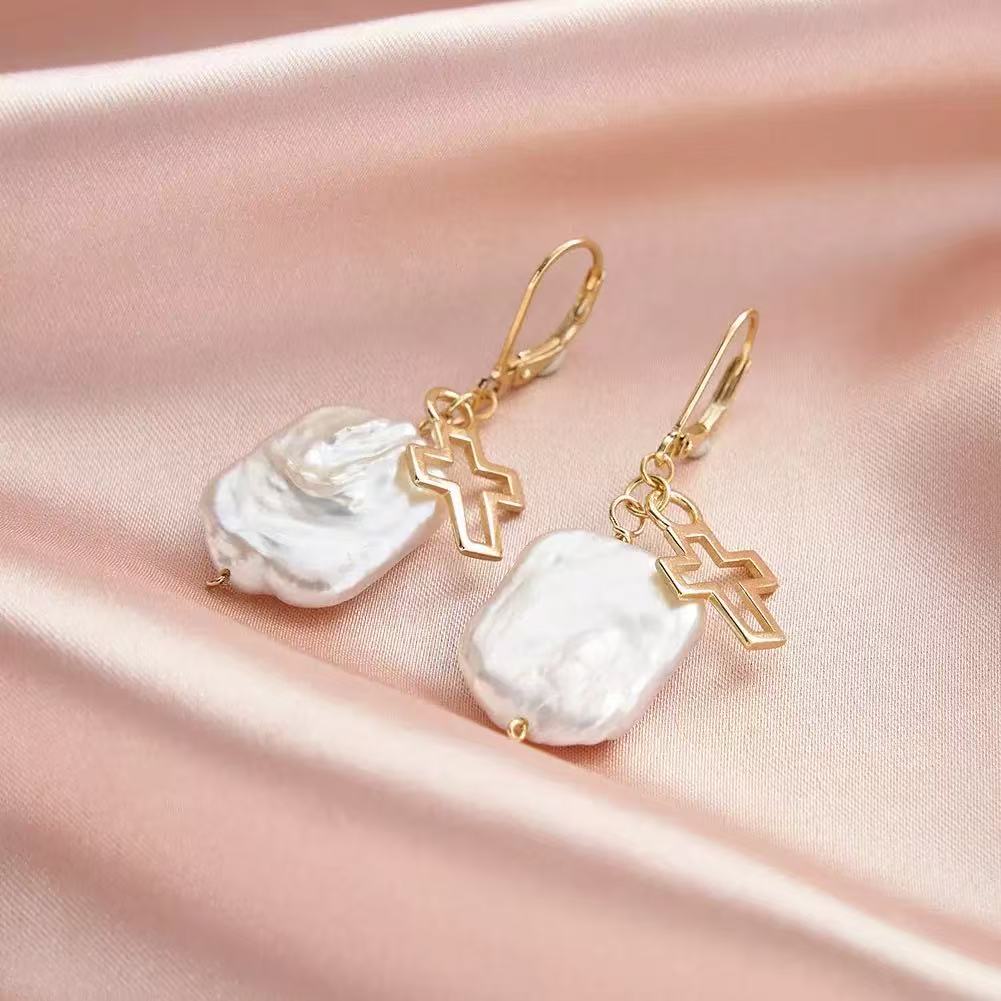 Baroque Pearl Cross Drop Earrings – Sterling Silver or Gold Plated