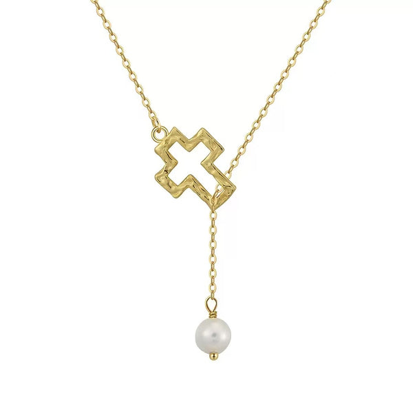 Cross & Pearl Drop Necklace – Sterling Silver or Gold Plated