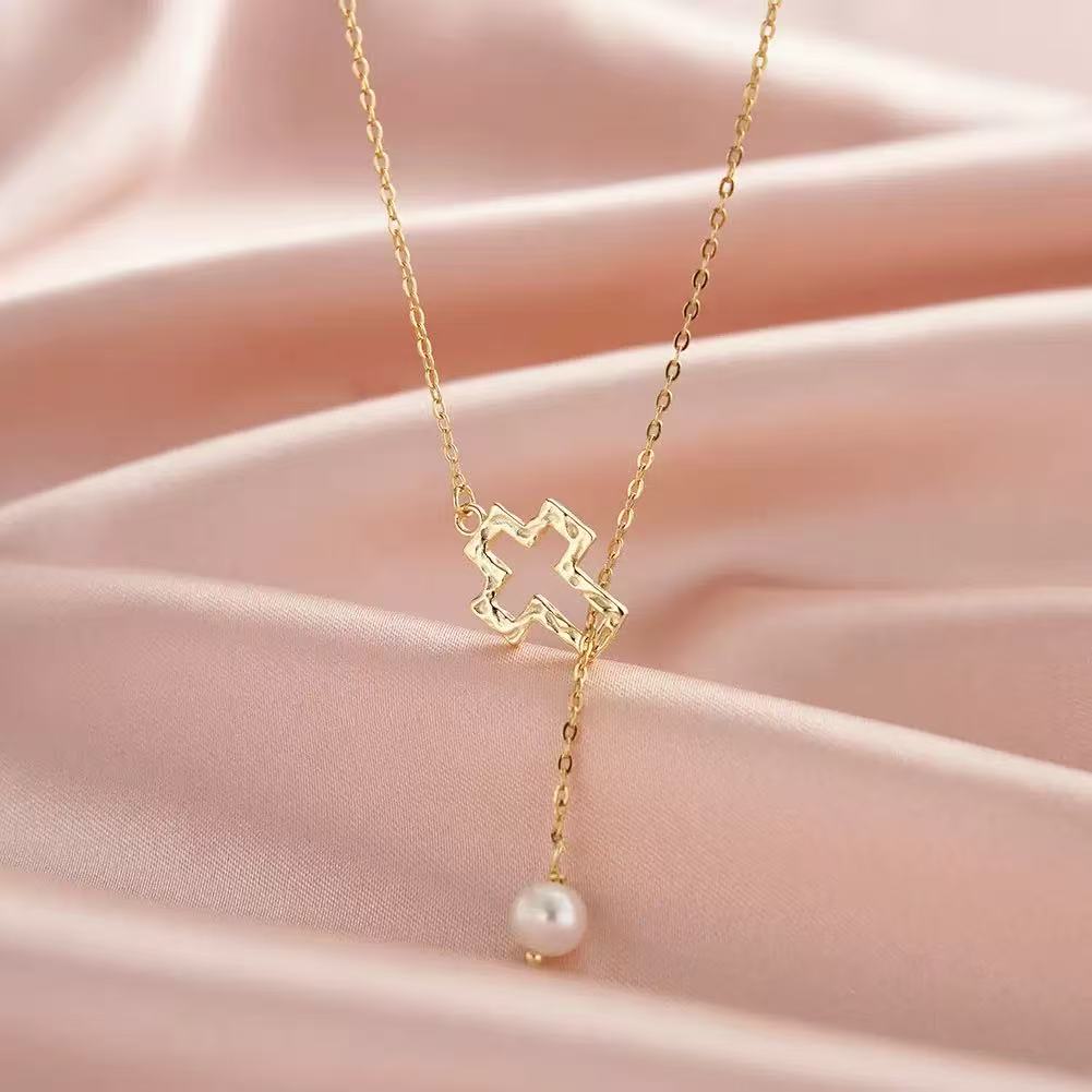 Cross & Pearl Drop Necklace – Sterling Silver or Gold Plated