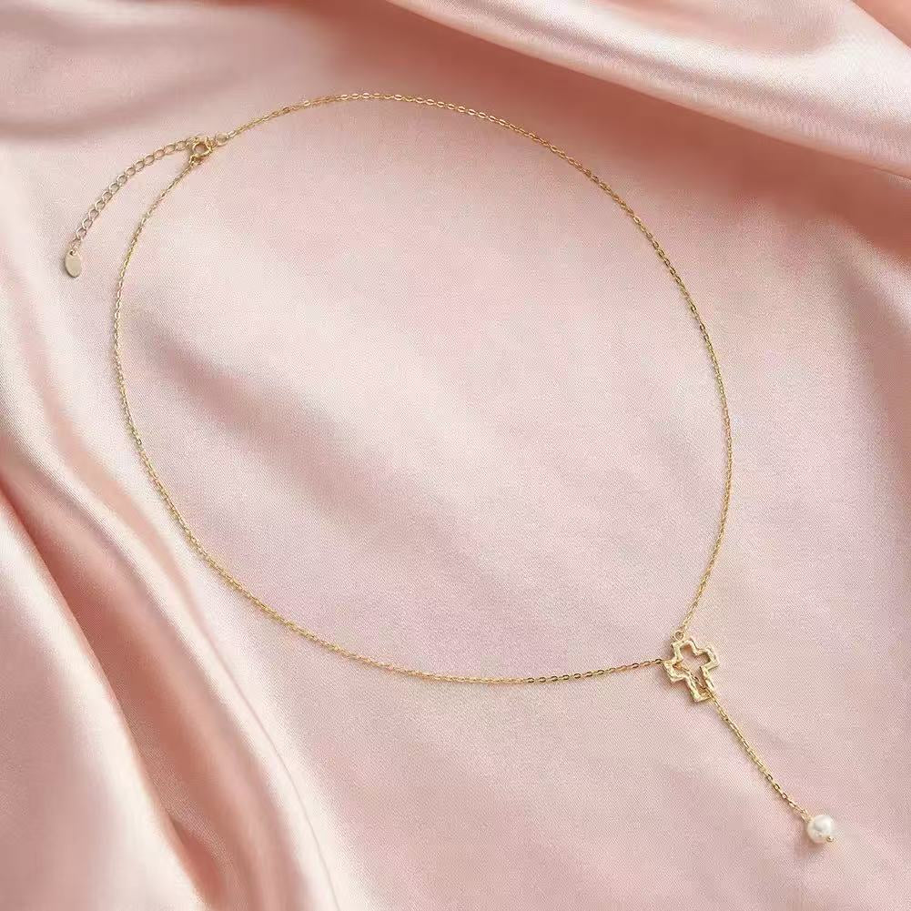 Cross & Pearl Drop Necklace – Sterling Silver or Gold Plated