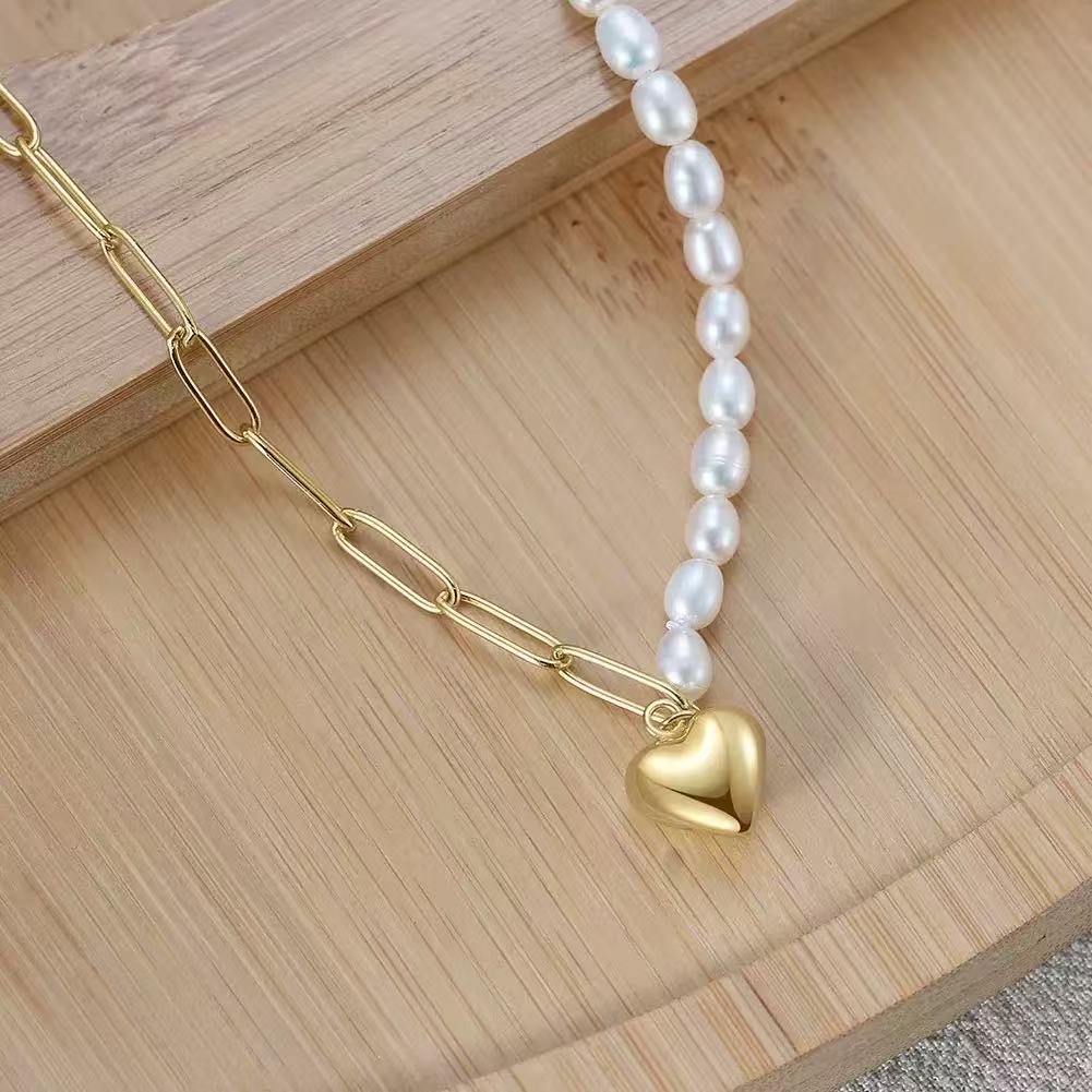 Heart & Pearl Half Chain Necklace – Sterling Silver or Gold Plated
