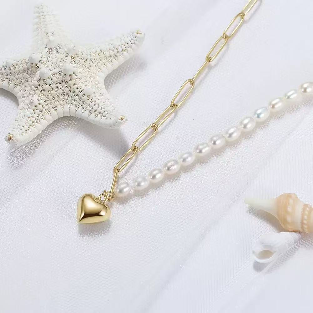 Heart & Pearl Half Chain Necklace – Sterling Silver or Gold Plated