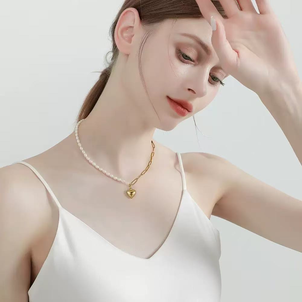 Heart & Pearl Half Chain Necklace – Sterling Silver or Gold Plated