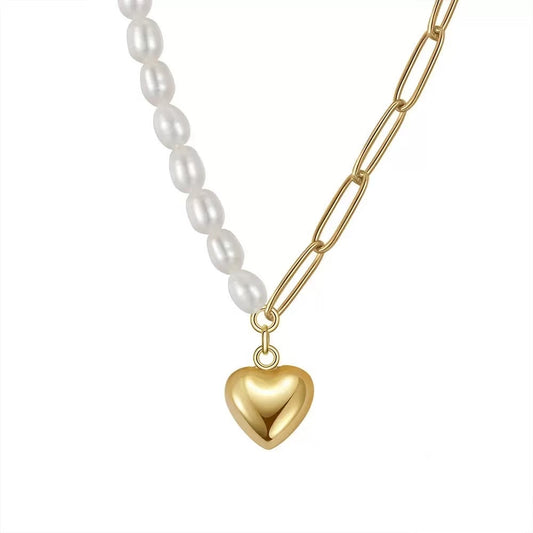 Heart & Pearl Half Chain Necklace – Sterling Silver or Gold Plated