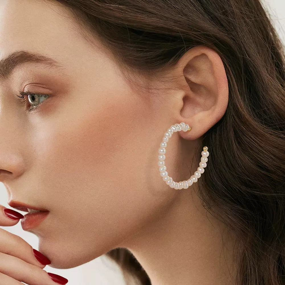 Classic Pearl Hoop Earrings – Natural Freshwater Pearls & Sterling Silver