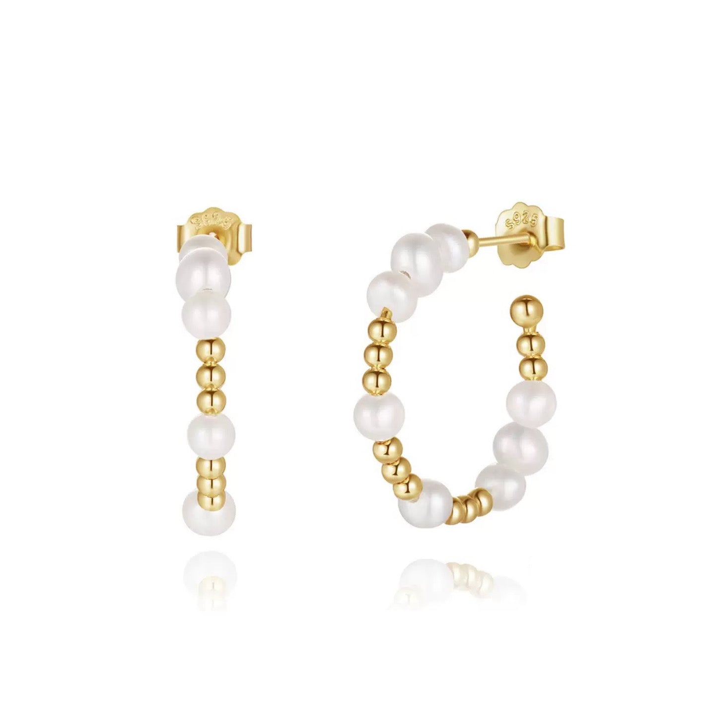 Elegant Pearl & Gold Bead Hoop Earrings – Freshwater Pearl & Sterling Silver