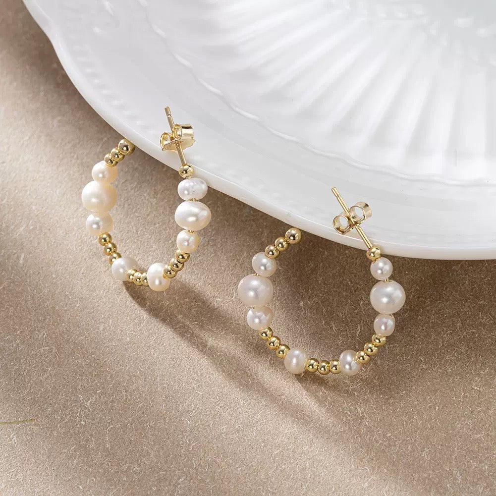 Elegant Pearl & Gold Bead Hoop Earrings – Freshwater Pearl & Sterling Silver