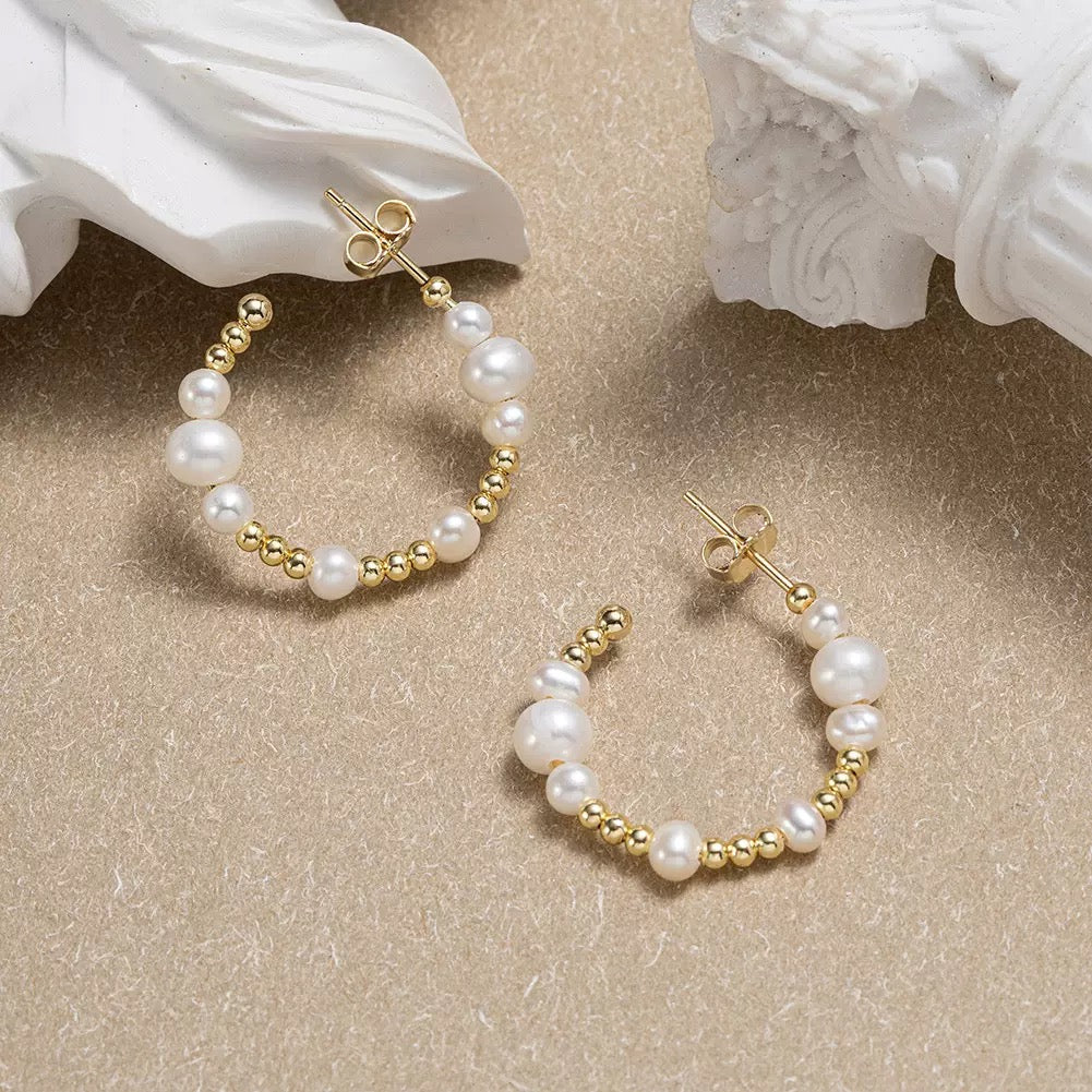 Elegant Pearl & Gold Bead Hoop Earrings – Freshwater Pearl & Sterling Silver