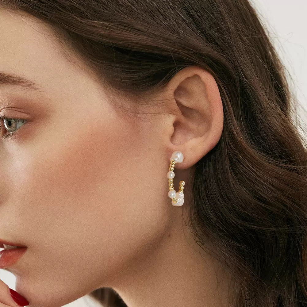 Elegant Pearl & Gold Bead Hoop Earrings – Freshwater Pearl & Sterling Silver