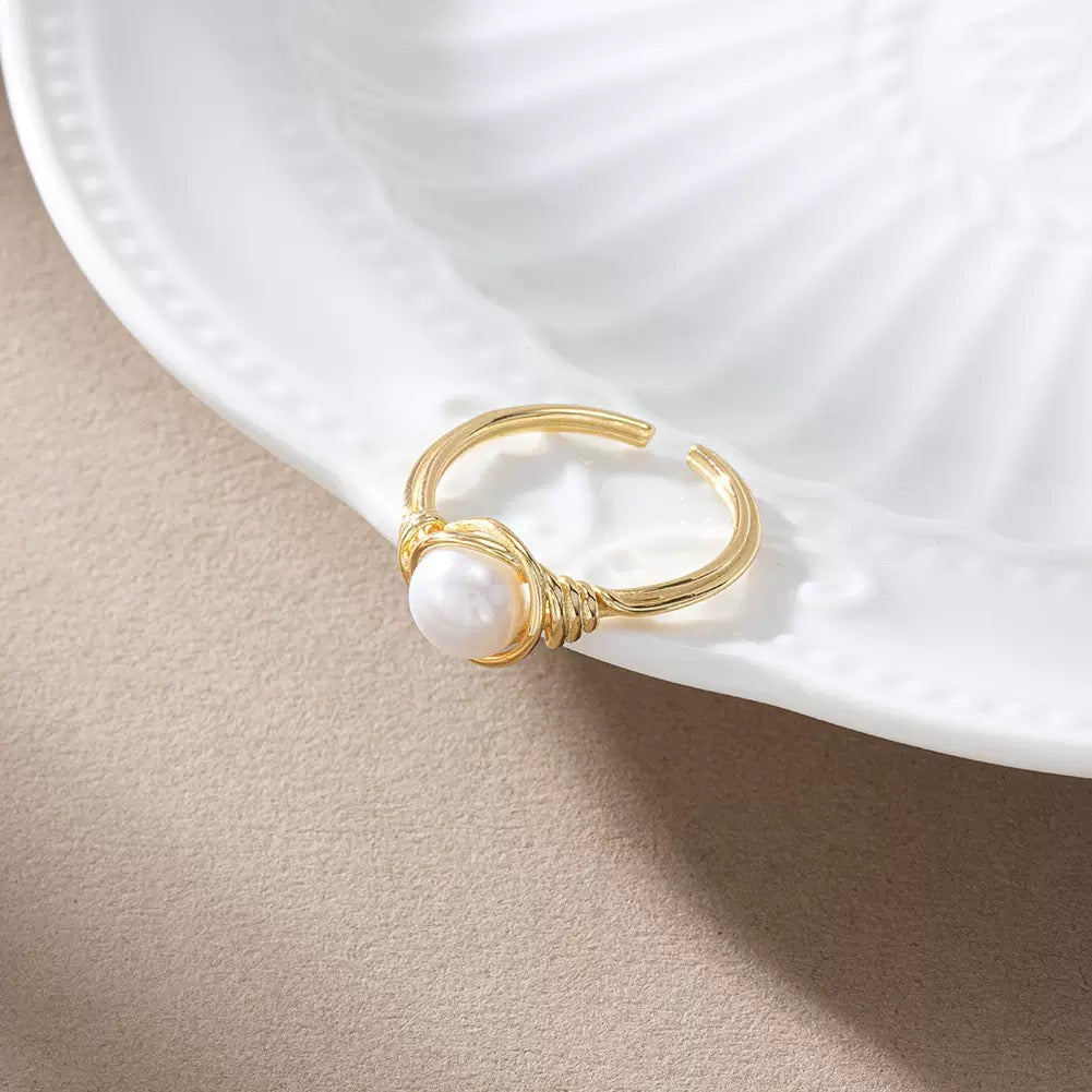 Luna Wrapped Pearl Open Ring – Handcrafted Natural Freshwater Pearl