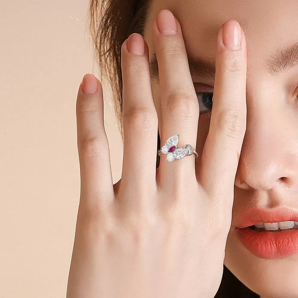 Ruby Butterfly Ring – Sterling Silver & Brilliant-Cut Gemstones