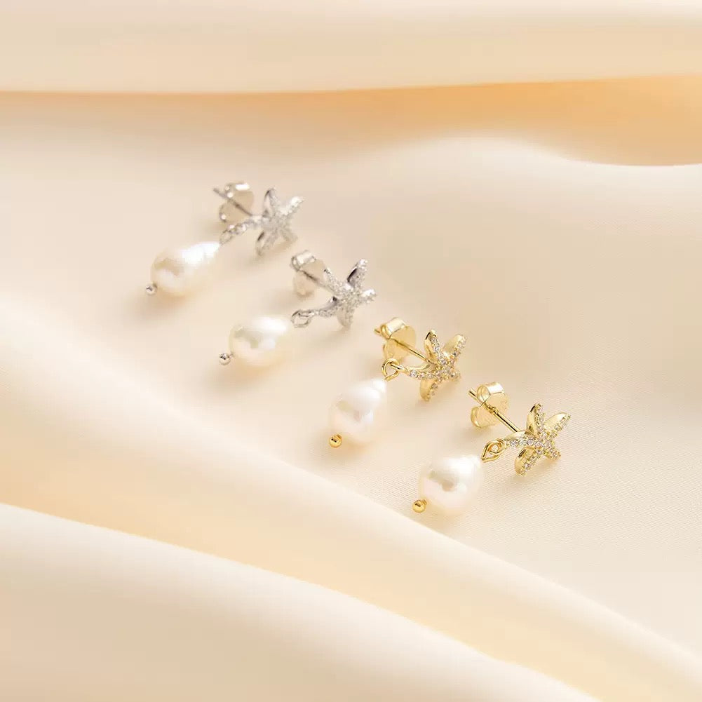 Starfish Earrings - Pearl Drop Starfish Jewelry in Gold Vermeil