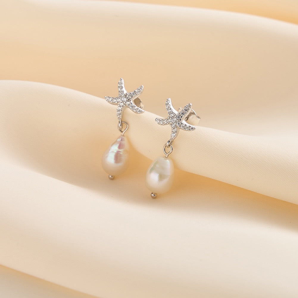 Starfish Earrings - Pearl Drop Starfish Jewelry in Gold Vermeil
