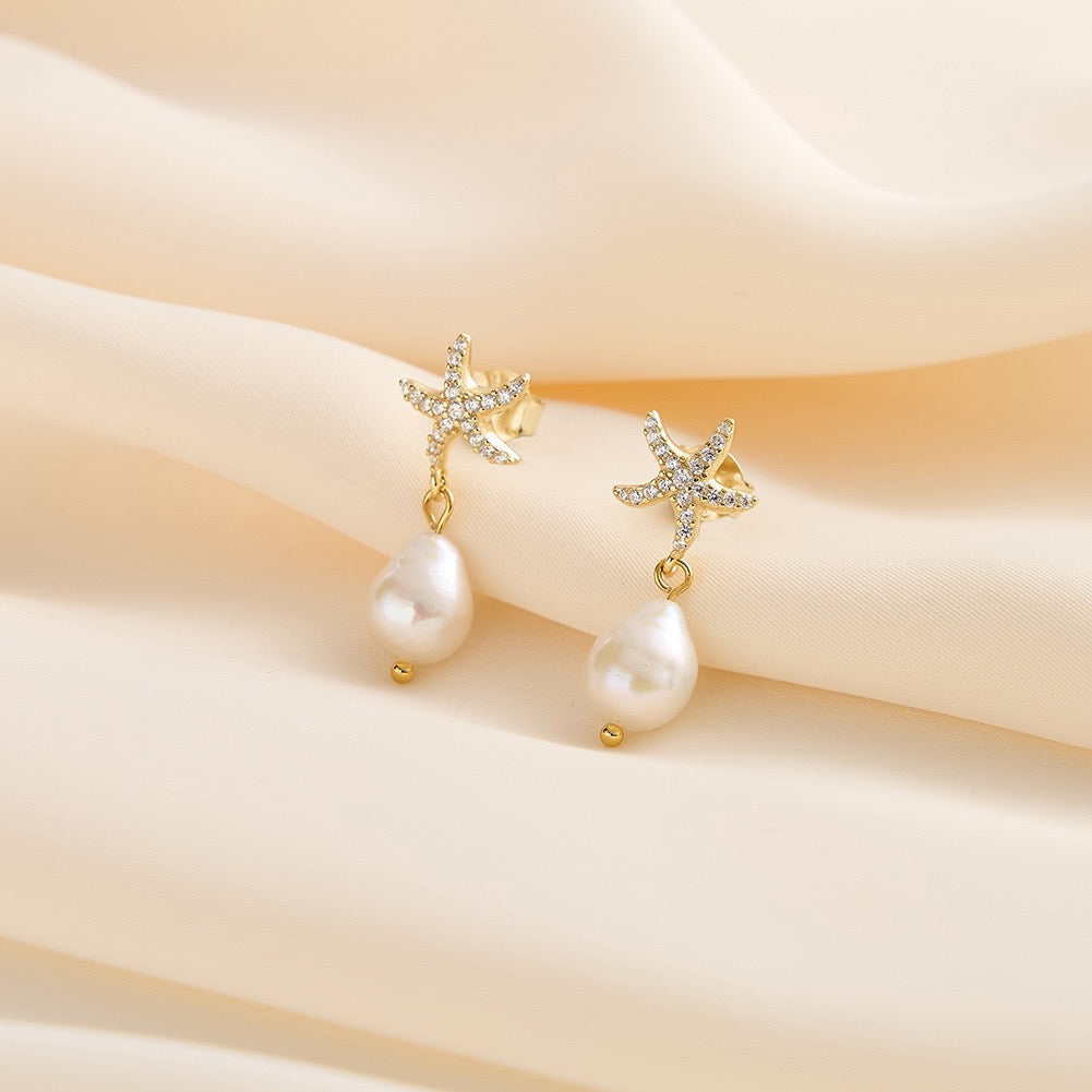 Starfish Earrings - Pearl Drop Starfish Jewelry in Gold Vermeil