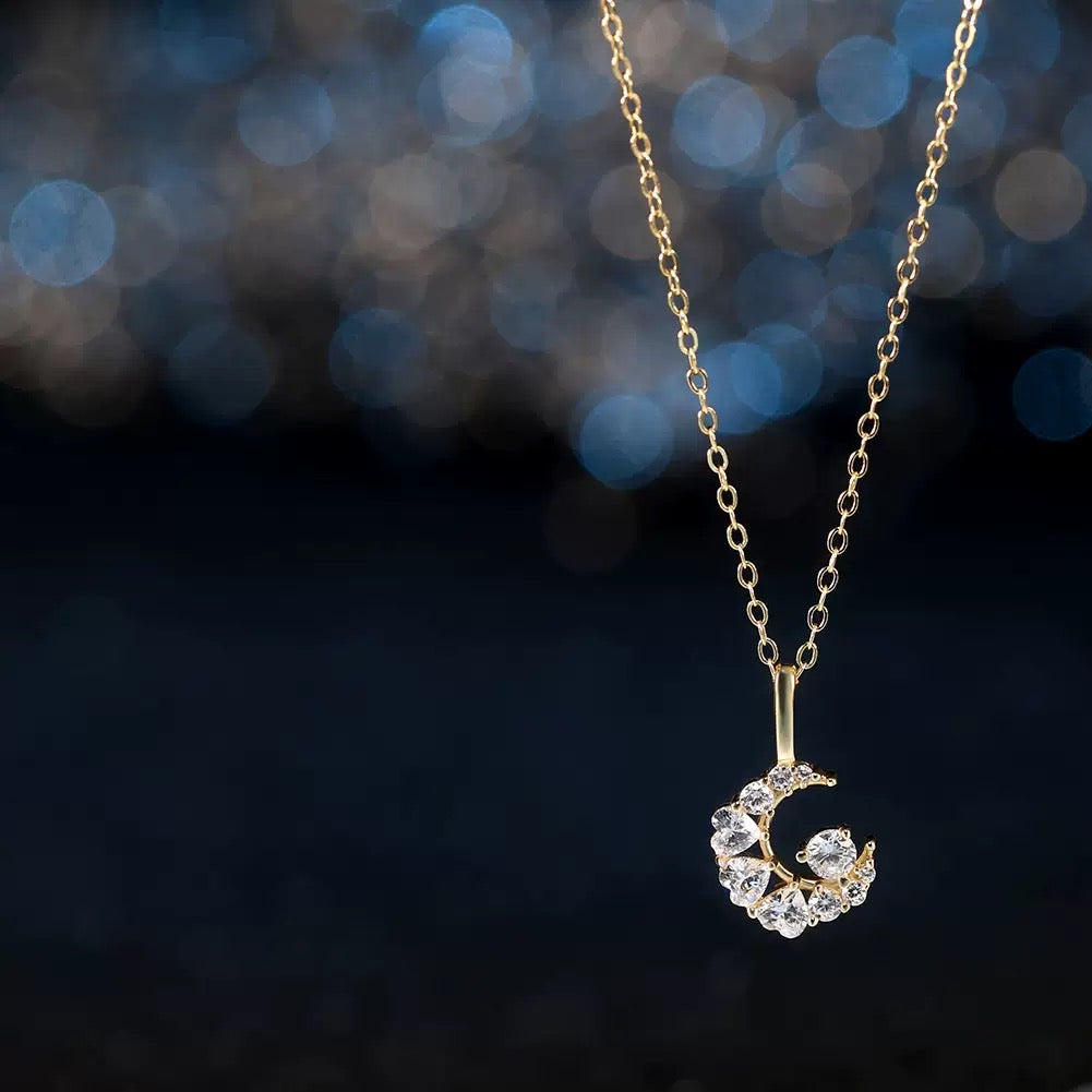 Crescent Moon CZ Pendant Necklace – 925 Sterling Silver, Gold Plated
