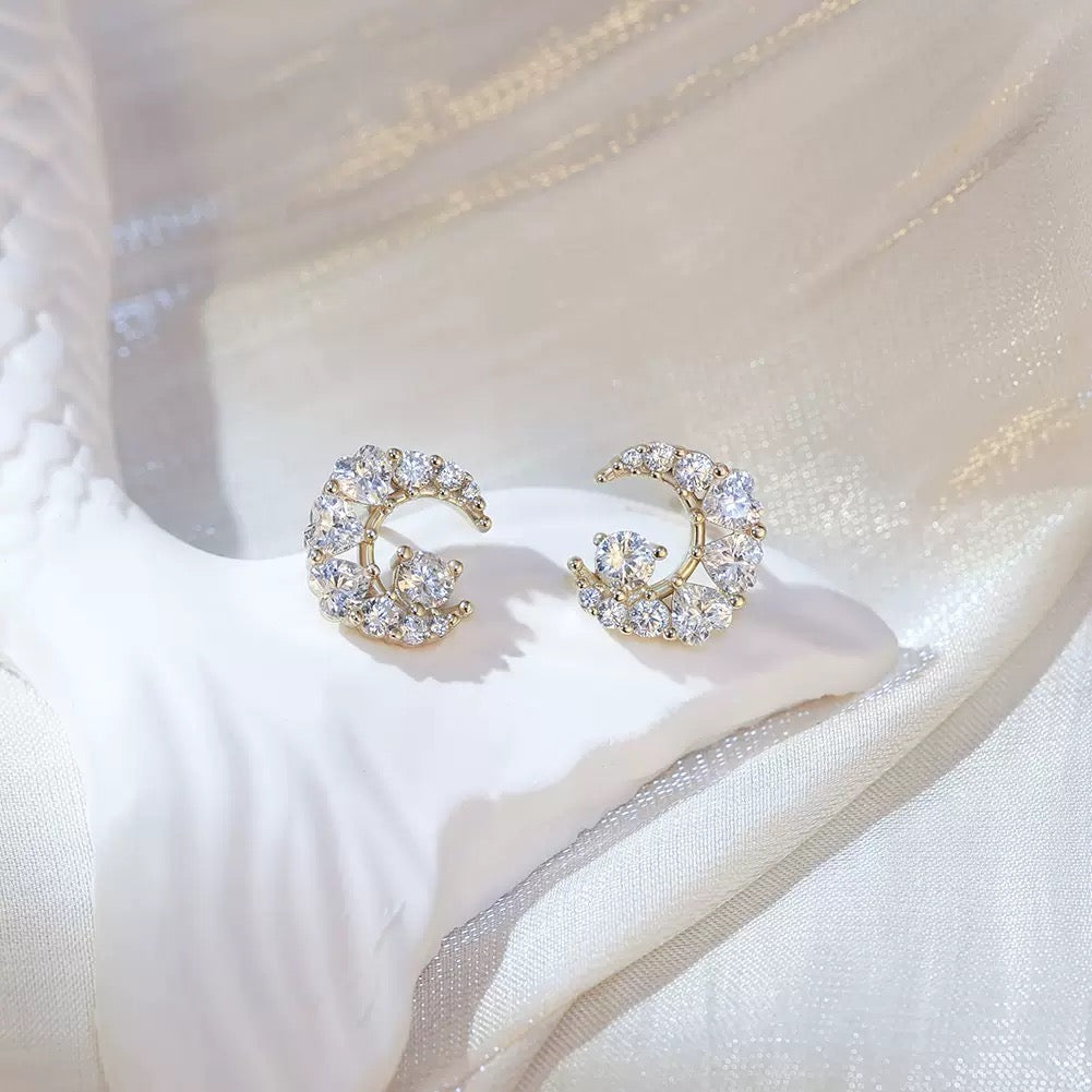 Crescent Moon CZ Stud Earrings – 925 Sterling Silver, Gold Plated