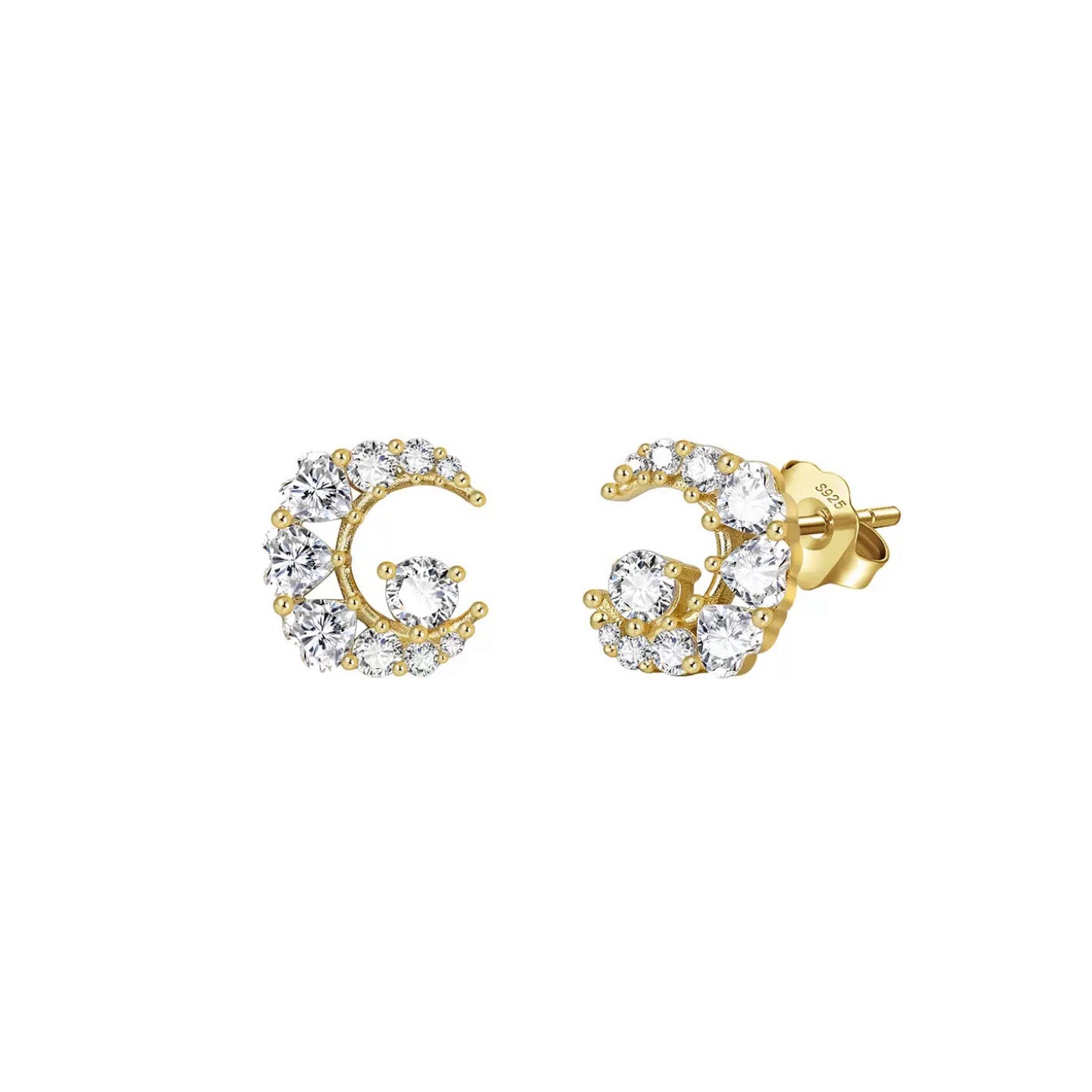 Crescent Moon CZ Stud Earrings – 925 Sterling Silver, Gold Plated