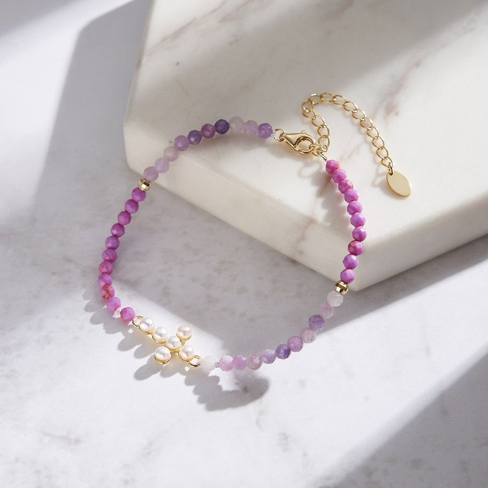 Celestial Cross – Freshwater Pearl & Lepidolite Vermeil Bracelet | Energy Stone Series